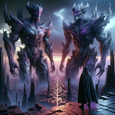The primary subject of the image is a person standing in front of two large, monster-like creatures. The setting appears to be a futuristic cityscape, with the person standing on a platform or a brick surface. The visual style of the image is digital art, as it is a detailed and intricate illustration. The dominant colors in the image are purple and blue, creating a moody and mysterious atmosphere.